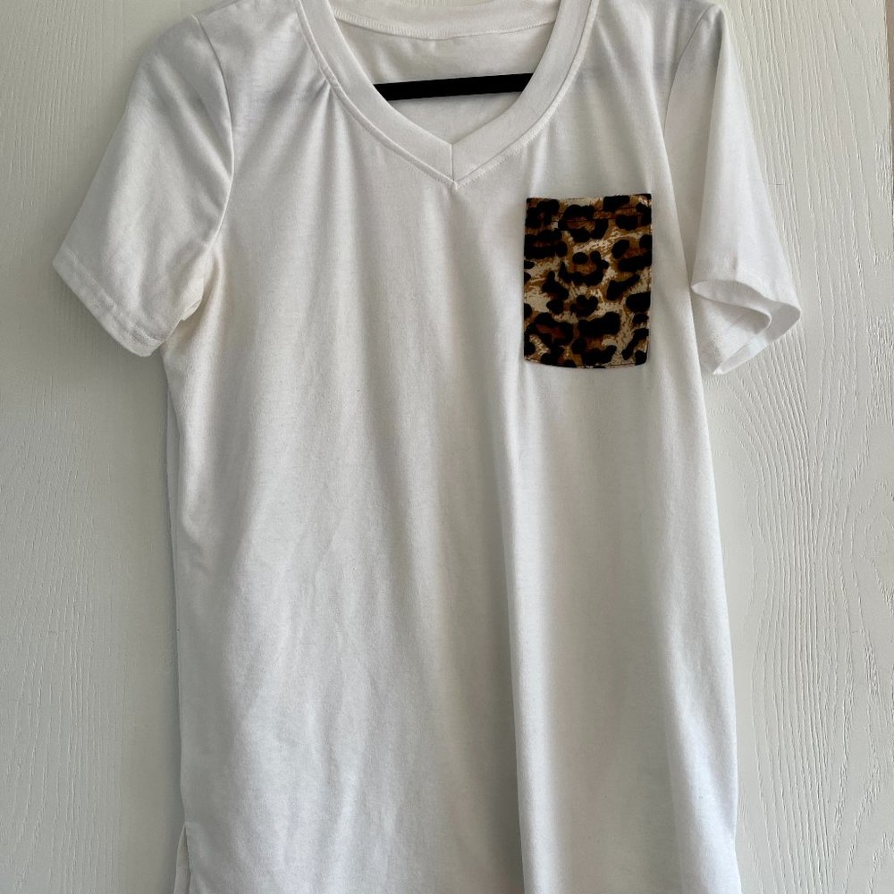 White Tee with Cheetah Pocket